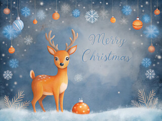 Whimsical watercolor christmas card featuring a cute reindeer in a snowy landscape with festive ornaments and snowflakes