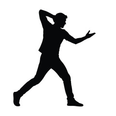 Silhouette of a man in a dynamic pose with one hand on his head and the other outstretched