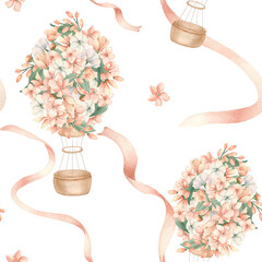 Floral air balloons peach watercolor seamless pattern for feminine design. Hand drawn air ships with pink flowers and satin ribbons pastel tones. Repeat design for wallpaper girl room, digital paper. © Ekaterina Lanbina
