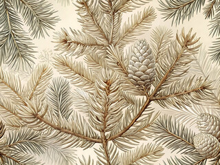 Vintage illustration of a pine tree branch with a detailed pinecone, evoking a classic holiday or natural theme