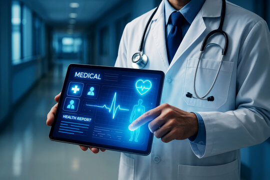 Physician using tablet with medical report and health data interface in a modern hospital corridor doctor