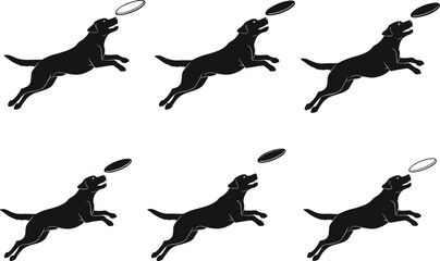 Dog silhouettes leaping to catch frisbee, black vector illustration showing motion, agility, playfulness, pet activity and outdoor sport design themes