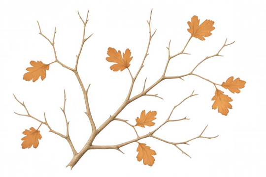 Autumn tree branch with brown leaves creating a fall nature isolated element, transparent background