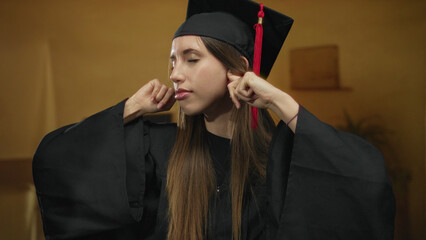 Woman wearing black graduation gown and mortarboard plugs ears with fingers in building; annoyance.