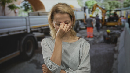 Woman pinches nose with closed eyes beside excavator and truck amid rubble outdoors at building;...