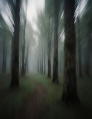 Obraz premium A dense forest is enveloped in thick fog, with towering trees lining a narrow path. The gloomy atmosphere evokes a sense of mystery and suspense as night approaches Generative AI