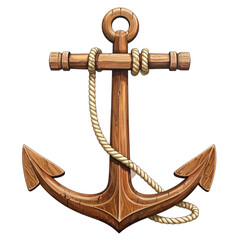 Intricate wooden anchor, rope wrapped around, against black background. Detailed illustration