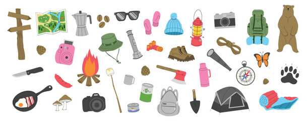 Camping and hiking elements colletion on a White background, vector illustration.