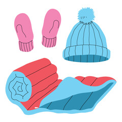 Woolen hat, winter glove, and sleeping bag on a White background, vector illustration.