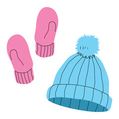 Woolen hat and winter glove on a White background, vector illustration.