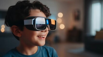 Amazed boy wearing futuristic VR headset exploring virtual reality world indoors, concept of digital future and imagination for Children’s Day - Powered by Adobe