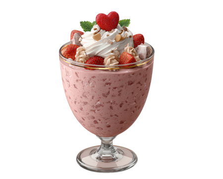 Lovely strawberry pudding dessert in glass with whipped cream, romantic heart shaped topping, and mint. This sweet, delicious treat perfect refreshment