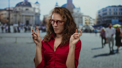 Fototapeta premium Woman gesturing with fingers standing in vatican city square with blurred background, wearing red shirt and glasses, capturing vibrant urban life outdoors.