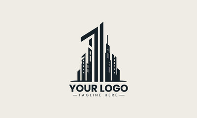 Obraz premium Modern black vector logo illustration of the number one integrated with a cityscape silhouette creating a corporate leadership symbol