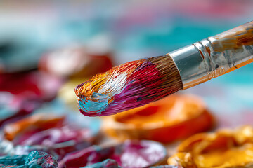 Fototapeta premium Vibrant paintbrush loaded with rich colorful paint, perfect for creative projects, art lessons, and illustrating passion for artistic expression