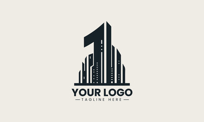 Fototapeta premium Modern black vector logo illustration of the number one integrated with a cityscape silhouette creating a corporate leadership symbol