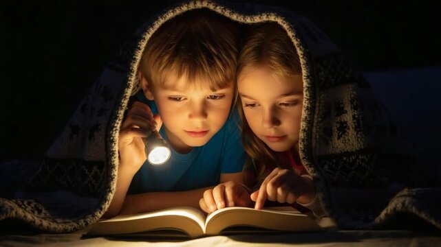 Children reading under a blanket at night, sharing a magical bedtime story, cozy and heartwarming scene for Children&rsquo;s Day