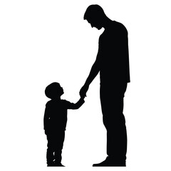 Silhouette of a father holding hands with his child looking up at him on a white background