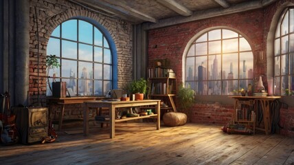 Loft apartment with arched windows overlooking city skyline