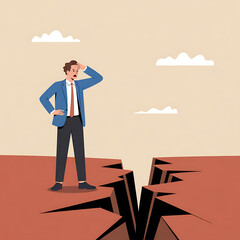 Fototapeta premium life obstacle concept, man standing , looking at crack earthquake ground, mix emotion of fear, afraid, wonder, question. abstract business art, vector cartoon illustration.