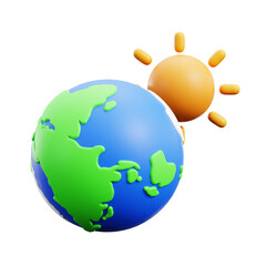 Stylized 3D illustration of planet Earth with green continents and blue oceans near a bright orange sun against a transparent background representing solar energy and global warming