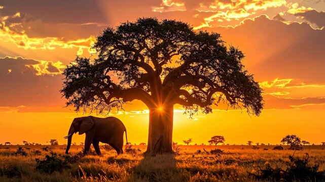 Majestic Elephant Silhouette Against Baobab Tree at Sunset.