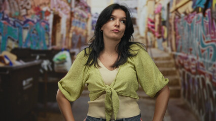Woman wearing green knotted shirt standing with hands on hips in graffiti covered street; bold confidence optimism joy.