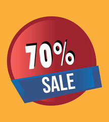 Seventy percent off sale discount graphic with red circle and blue ribbon