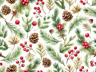 Seamless pattern of christmas tree branches, pine cones, and red berries for festive holiday decoration