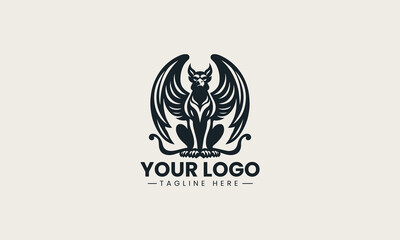 Majestic black vector logo illustration of a powerful seated mythical winged griffin creating an ancient protection symbol