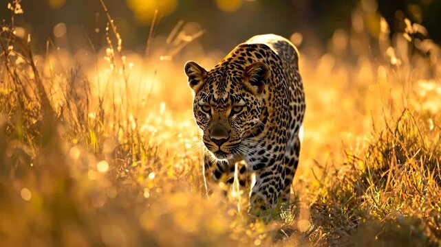 Majestic Leopard Walking Through Golden Grass at Sunset.