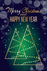 Greeting card for Christmas and New Year with green trees and lights