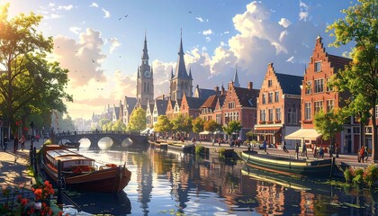 Obraz premium Bruges Canal Serenity - A Picturesque Belgian Cityscape.