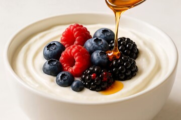 A pristine white bowl filled with thick creamy Greek yogurt.