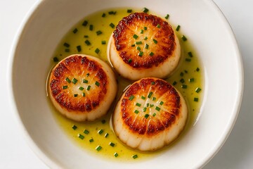 Close-up of three perfectly seared scallops in a white ceramic bowl.