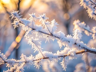 Closeup of frost crystals on a tree branch during a golden sunrise, highlighting the delicate icy structures