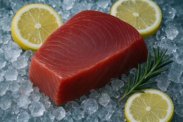 Close-up of a deep red tuna steak nestled in a bed of shaved ice and whole lemon slices.