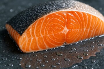 A supremely fresh glistening salmon fillet with perfect marbling of white fat.