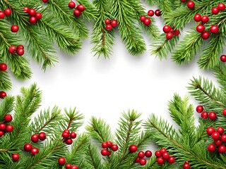 A festive frame of lush green christmas tree branches adorned with bright red berries on a clean white background, isolated on white background