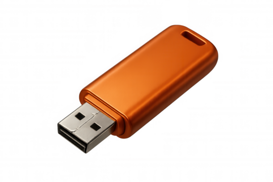 Orange usb flash drive providing digital data storage solution, portable memory stick for technology concepts, transparent background