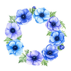 A circular arrangement of watercolor-style anemone flowers with leaves on a transparent background