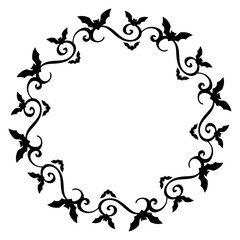 Logo con silueta de murciélagos con filigrana caligráfica. Corona circular con florituras para tarjetas y felicitaciones de Halloween © teracreonte