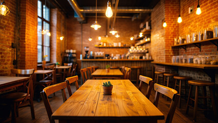 Cozy Cafe Interior Wooden Tables and Brick Walls in Soft Light