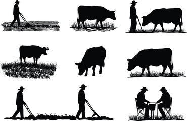 Farmer and Cow Silhouette Set Depicting Rural Life, Agriculture, Grazing, Plowing, and Village Scenes for Farm-Themed Vector Content