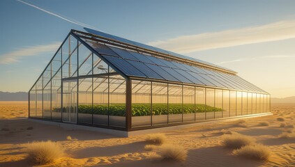 Obraz premium Greenhouse with solar panels in desert landscape at sunset, sustainable farming