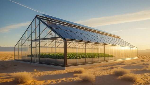 Greenhouse with solar panels in desert landscape at sunset, sustainable farming - Powered by Adobe