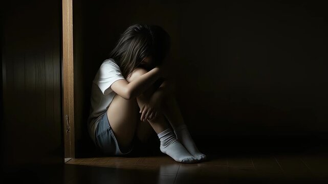 いじめ・虐待・引きこもりといった問題を暗示する、廊下の暗がりにうずくまる少女