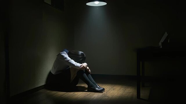 薄暗い部屋の隅で、スポットライトの下に膝を抱えて座り込み、深く落ち込むセーラー服の女子高校生
