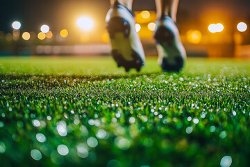 Players participate in an evening training session on artificial turf with bright lights illuminating the field and dew on the grass