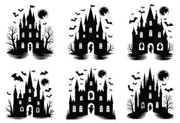Set of six spooky haunted castle silhouettes vector illustrations for halloween themed designs and decorations silhouette vector illustration white background